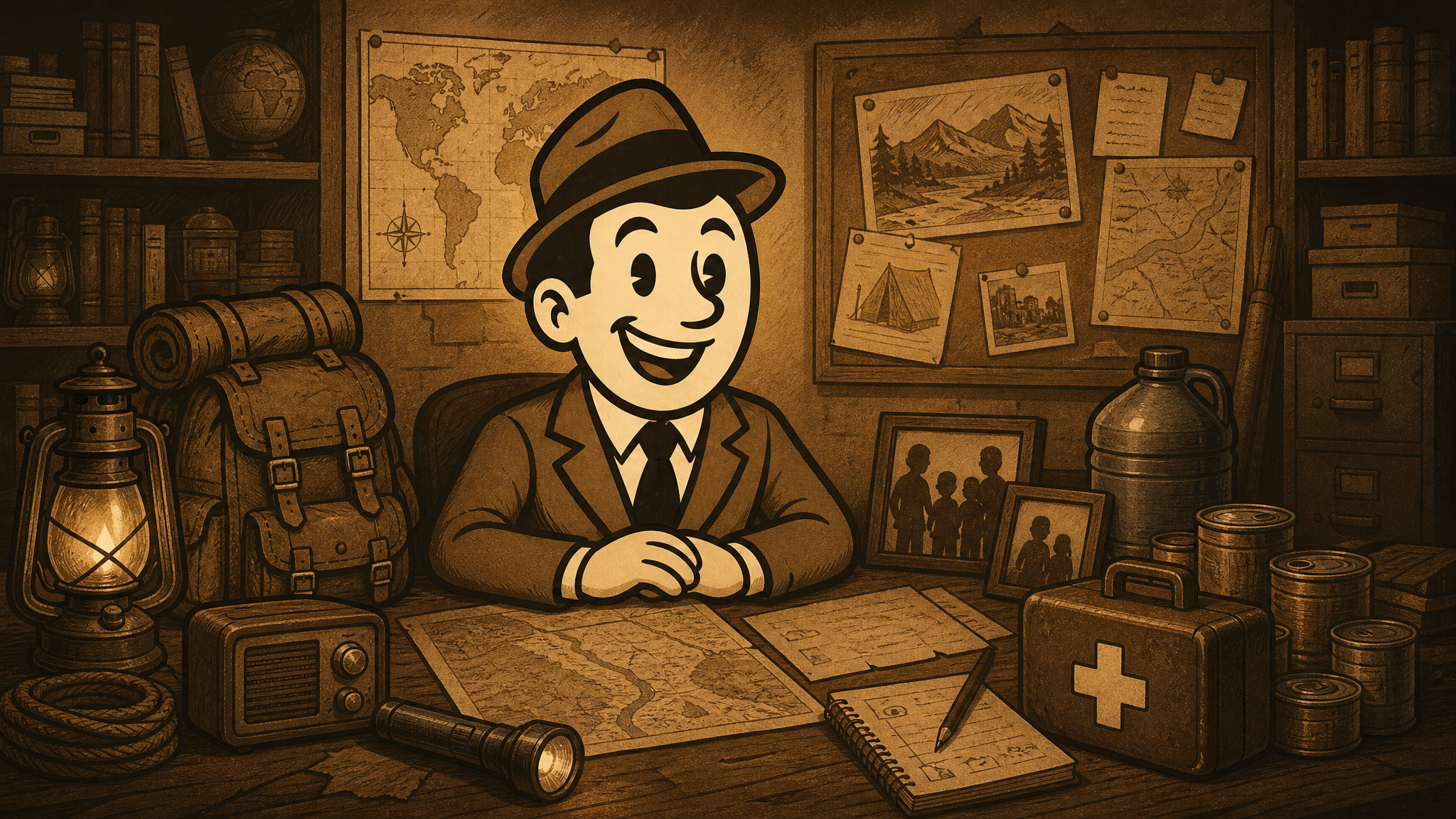 Vintage Defeat History fedora guide at a desk with historical maps, household planning notes, and practical preparedness supplies.