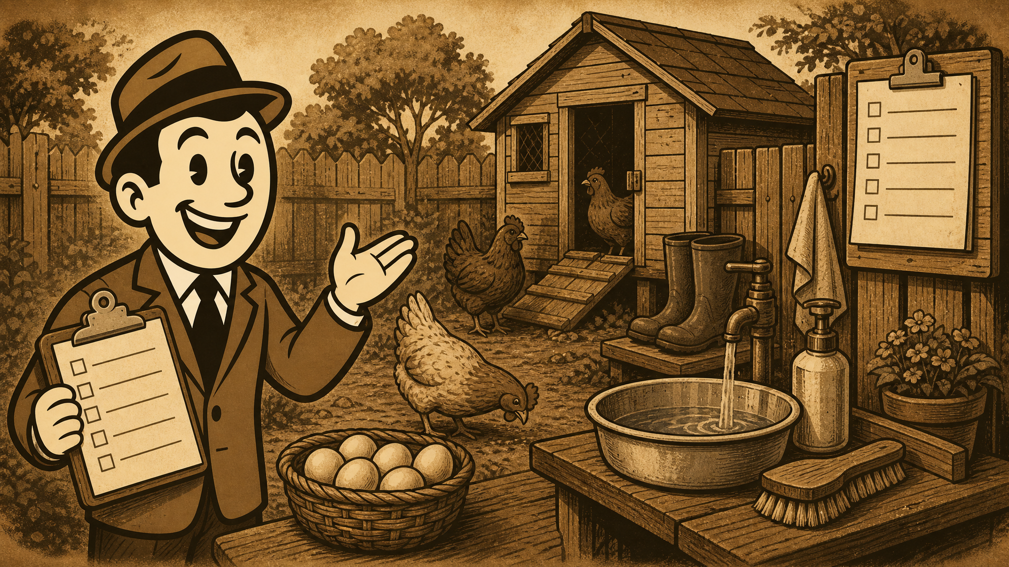 Vintage Defeat History fedora guide beside a backyard chicken coop, eggs, handwashing station, boots, and family food safety supplies.