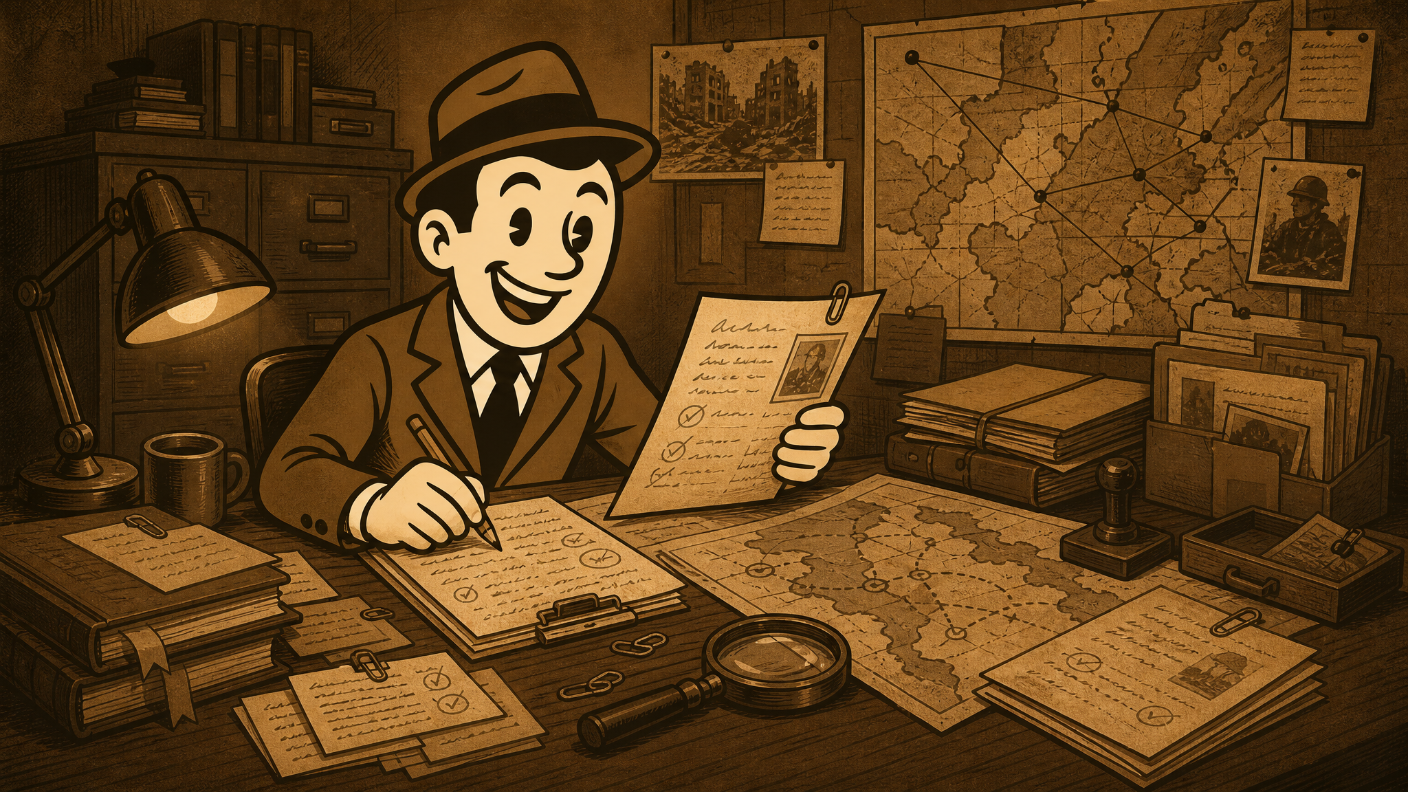 Vintage Defeat History fedora guide at an editor desk with source documents, historical maps, magnifying glass, and fact-checking tools.