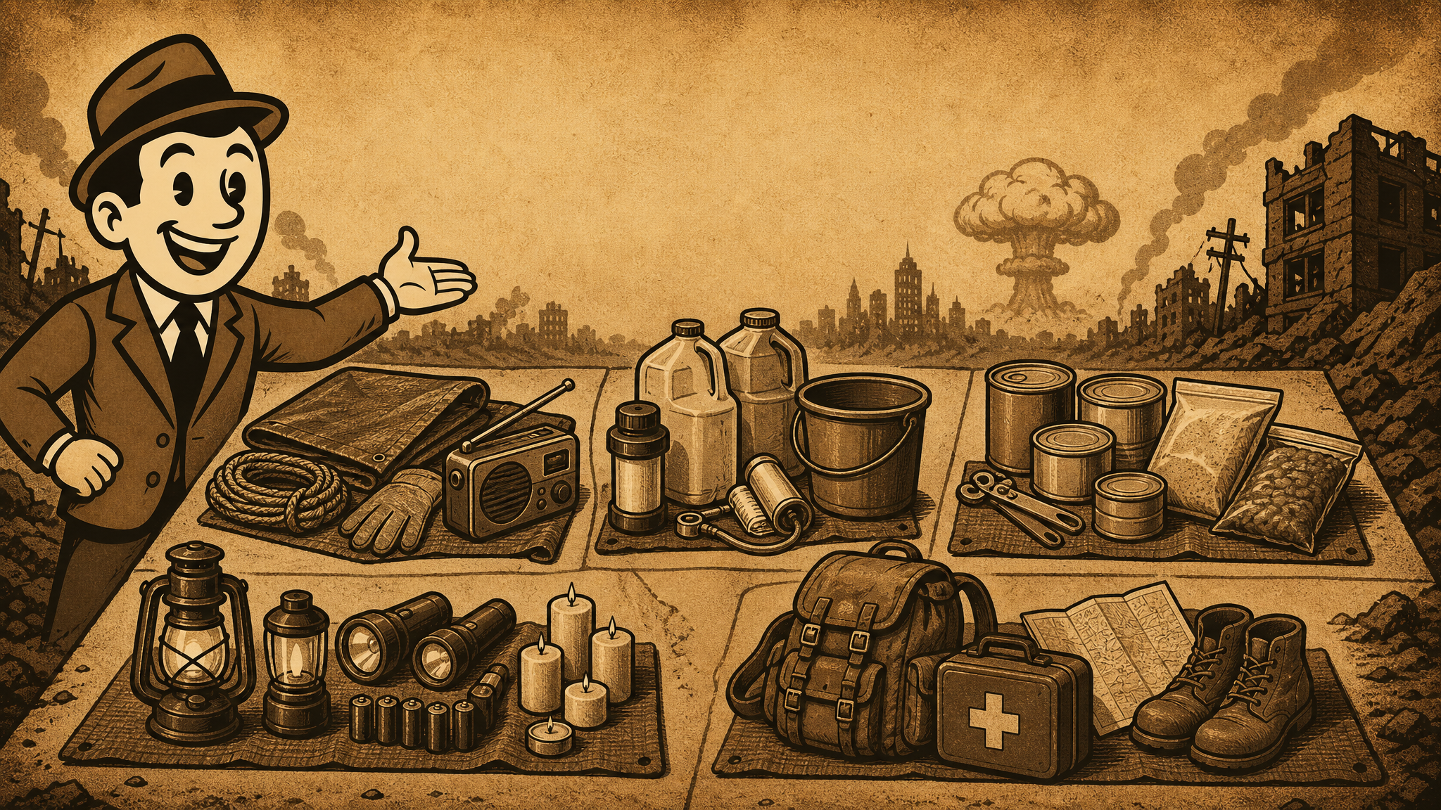 Vintage Defeat History fedora guide beside organized supply kits for storm, water outage, food disruption, blackout, and evacuation needs.