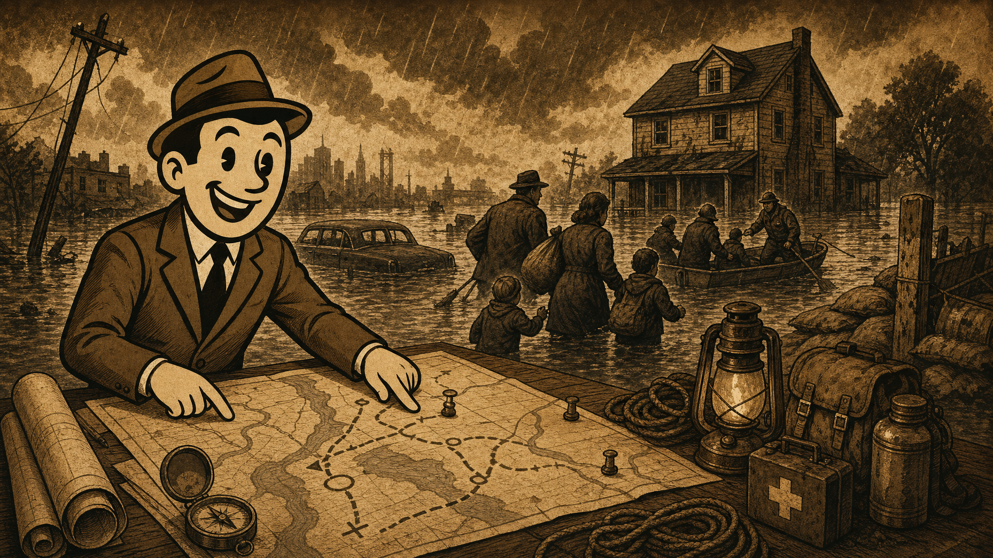 Vintage Defeat History fedora guide studying floodwater around homes, blocked roads, high-water marks, and family evacuation planning.