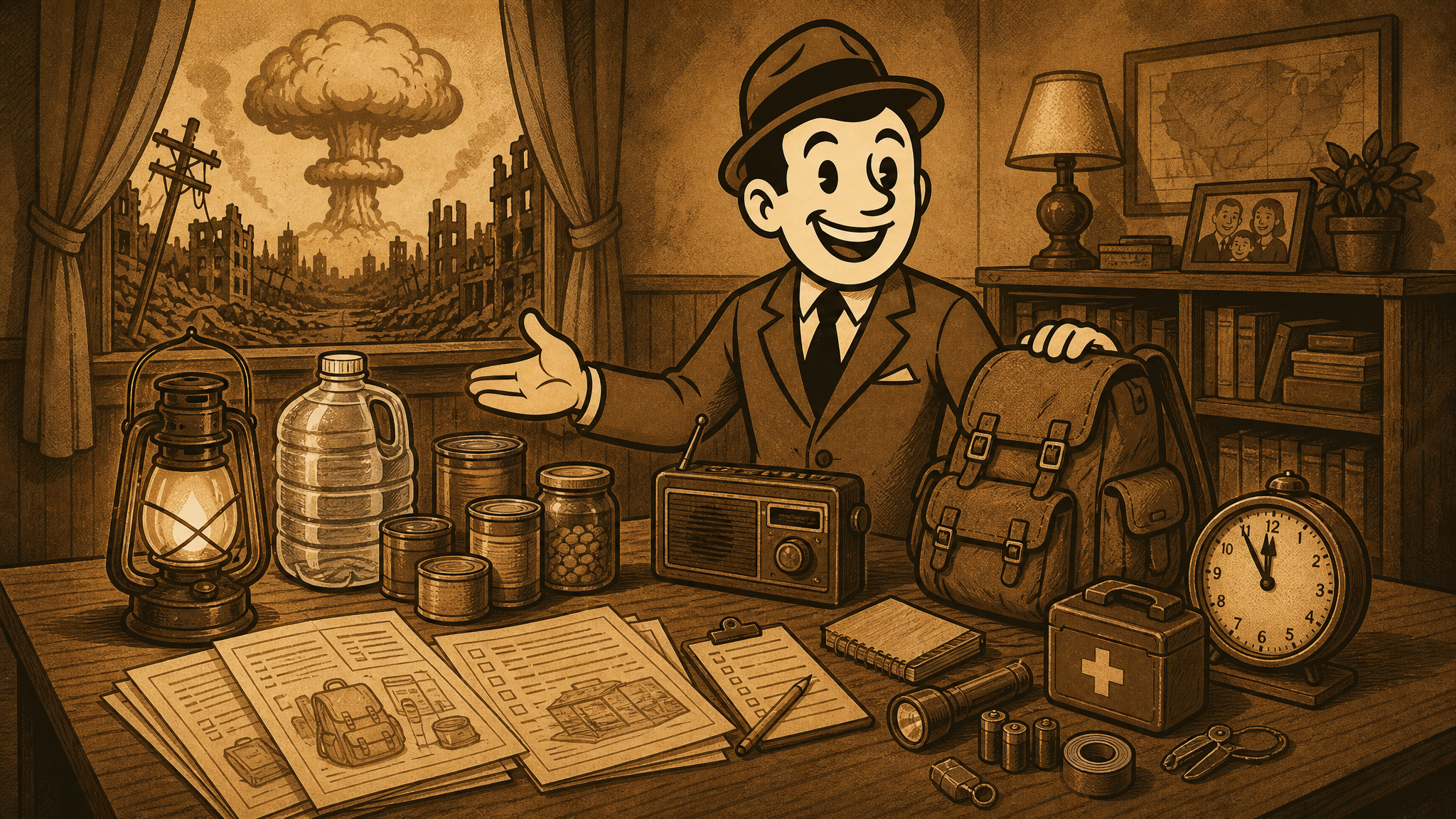 Vintage Defeat History fedora guide beside a first 72 hours table with water, food, lantern, radio, and household readiness supplies.
