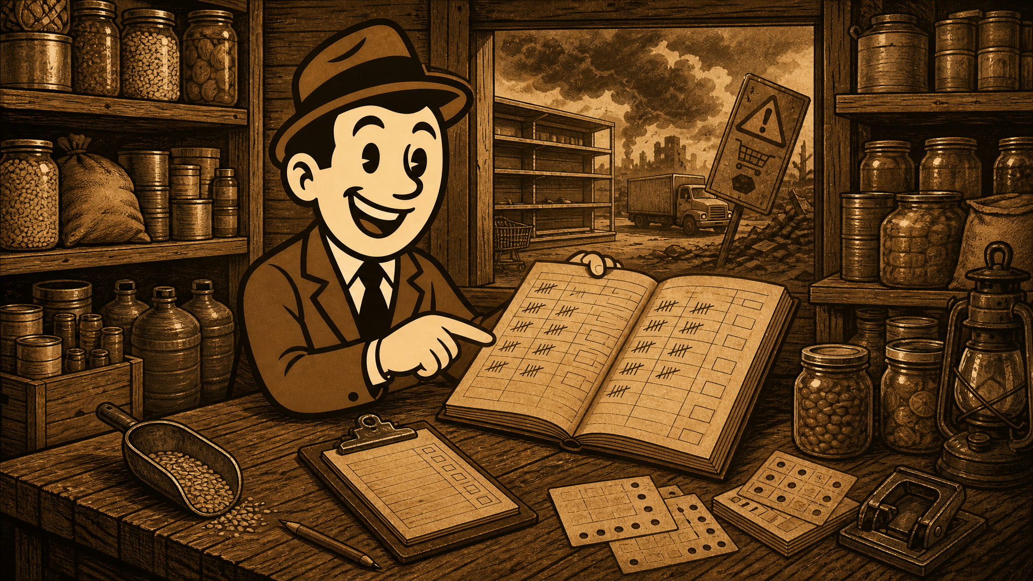 Defeat History vintage fedora guide beside pantry shelves, shelf-stable food, and a family meal inventory ledger.
