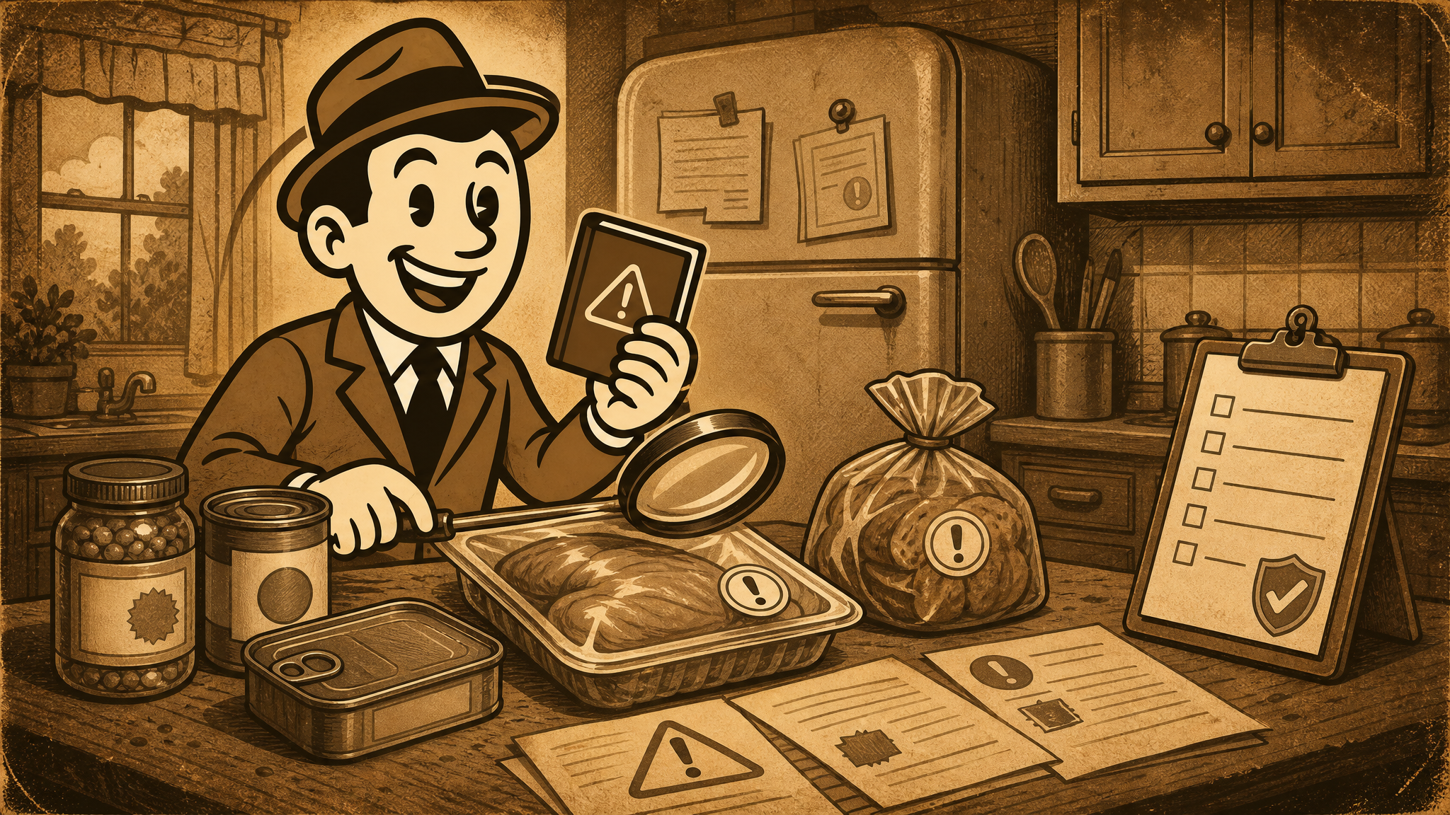 Vintage Defeat History fedora guide checking food packages, kitchen safety supplies, and family food recall planning notes.