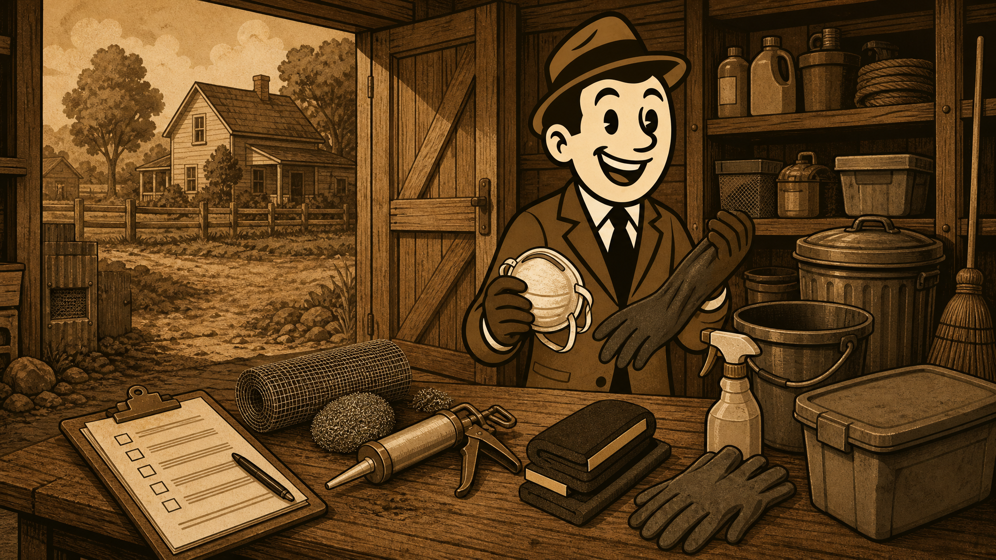 Vintage Defeat History fedora guide beside garage cleanup supplies, gloves, mask, sealed containers, and rodent-proofing tools.