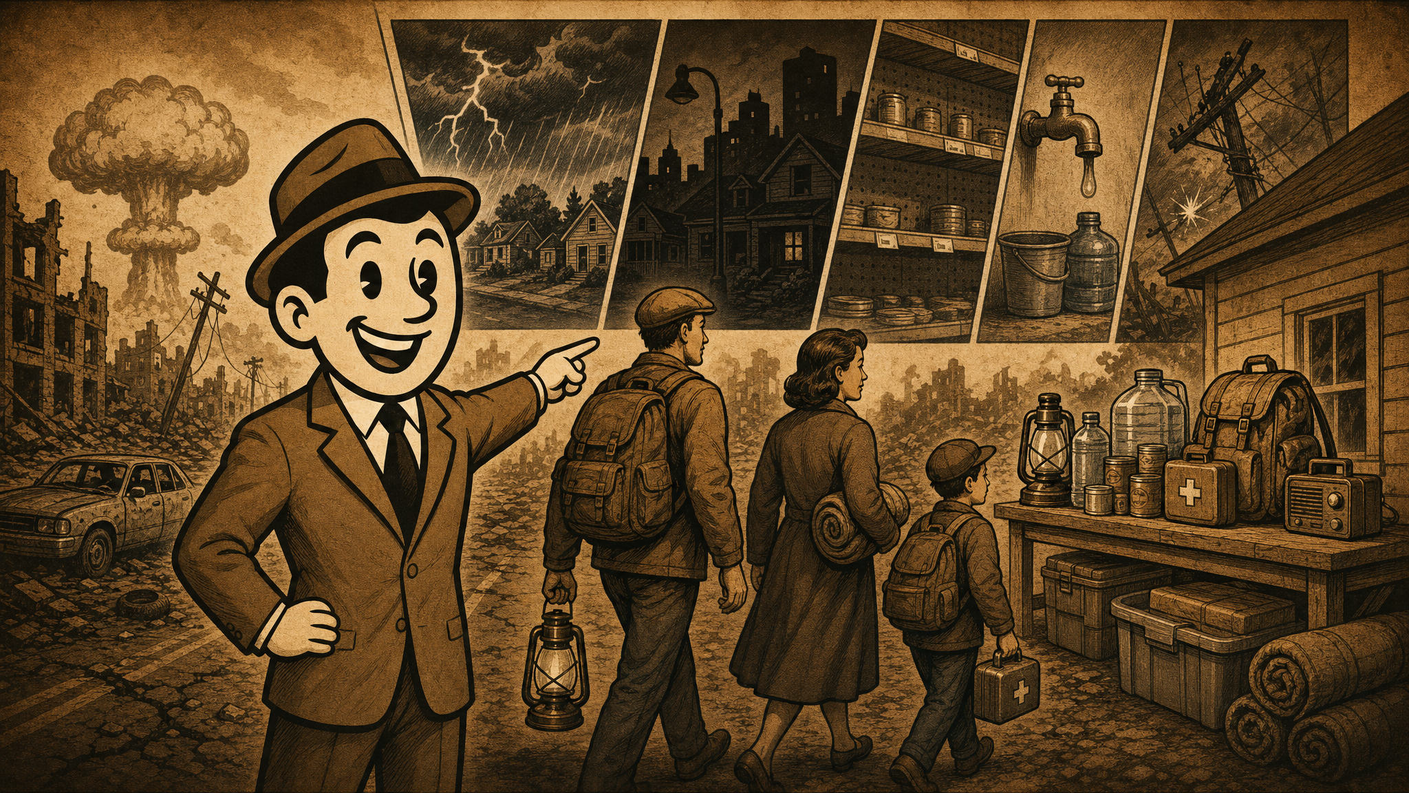 Vintage Defeat History fedora guide pointing families through historical disaster patterns including storms, blackouts, water outages, and food gaps.