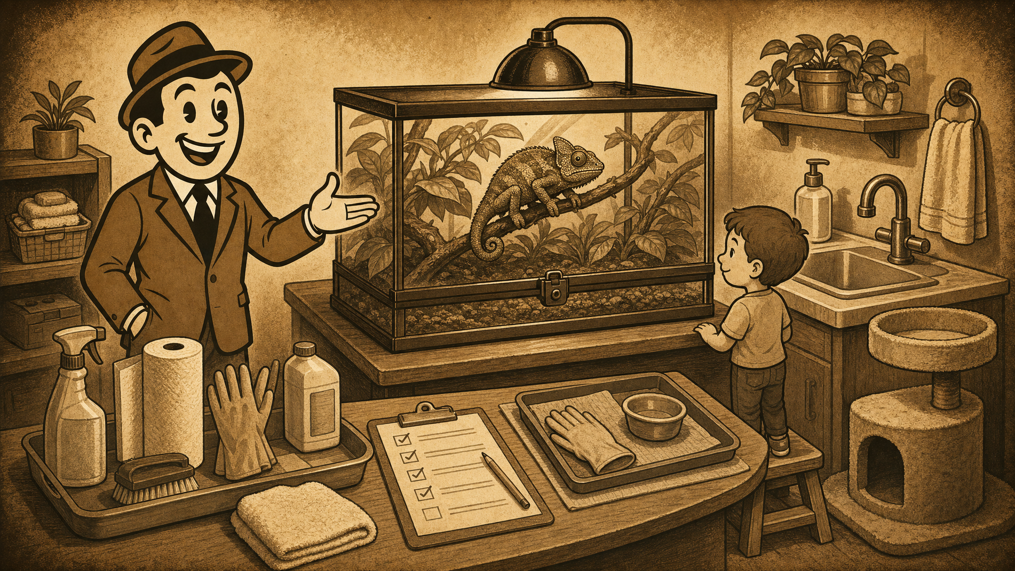 Vintage Defeat History fedora guide beside a pet chameleon terrarium, handwashing sink, cleaning supplies, and family health planning notes.