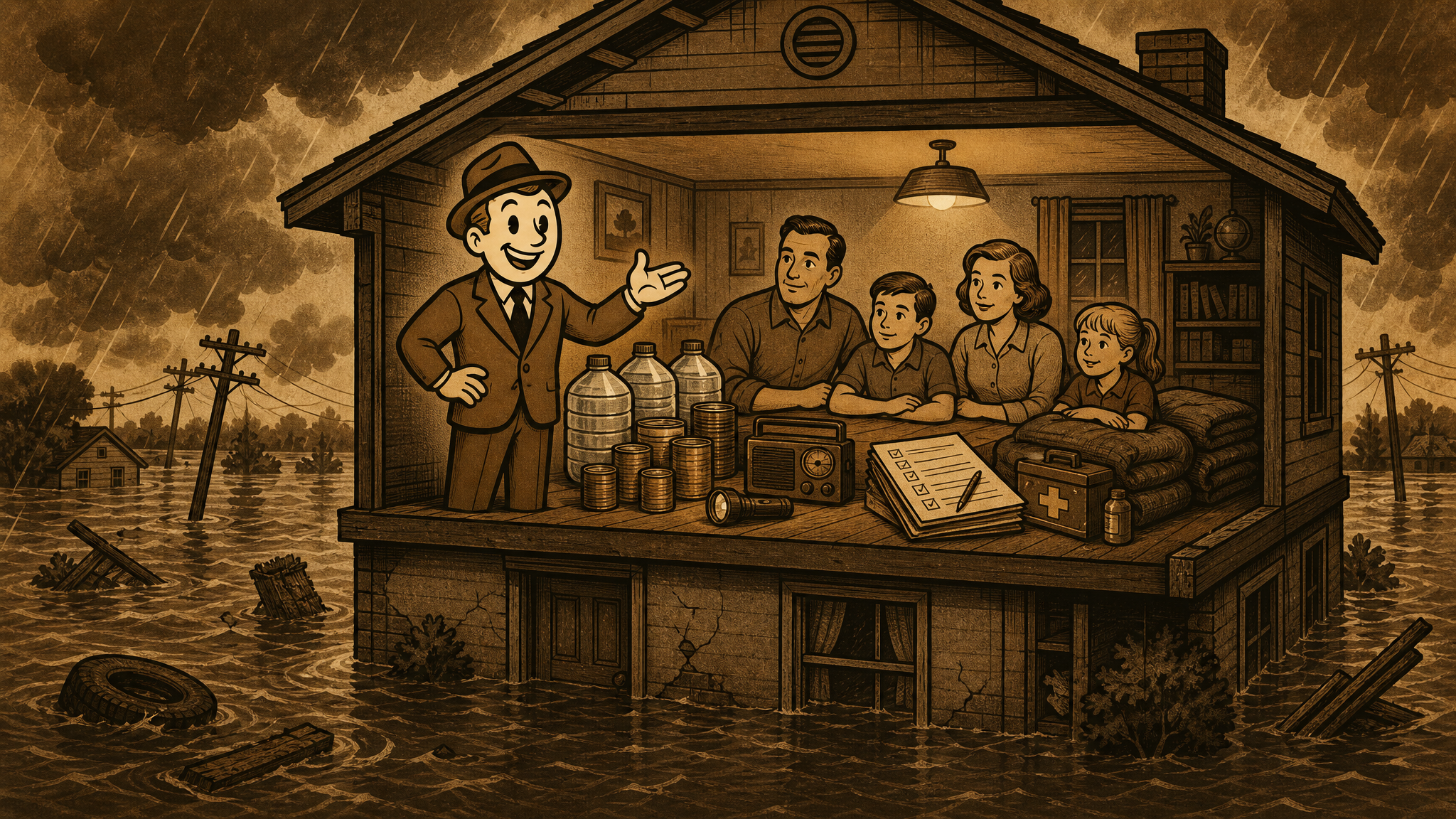 Vintage Defeat History fedora guide beside a home isolated by floodwater with upstairs supplies, radio, medicine, water, and food.
