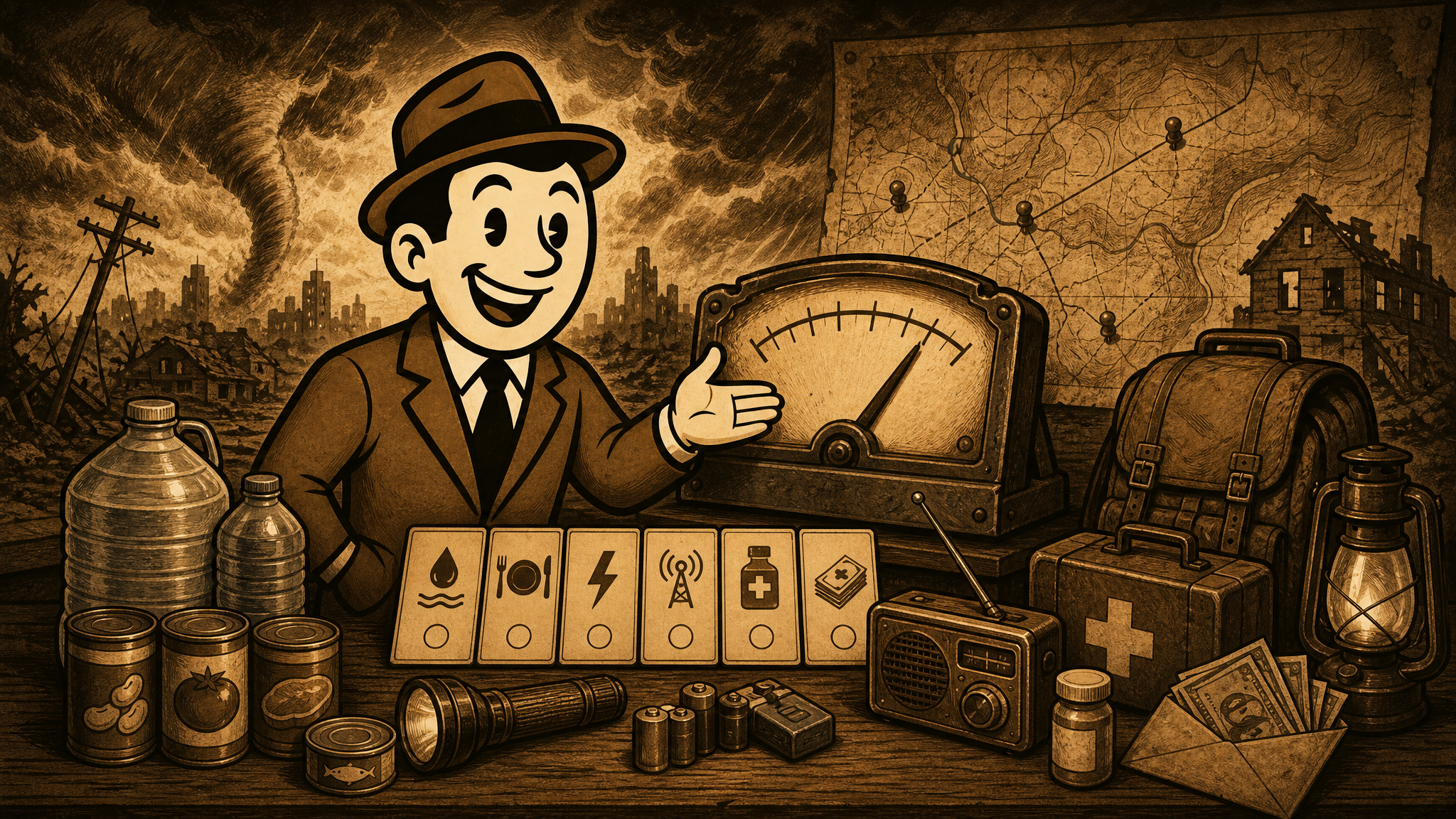 Defeat History vintage fedora guide reviewing a household preparedness gauge with emergency supply checklist cards.