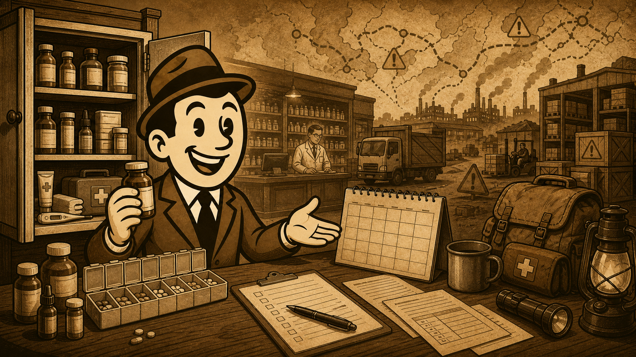 Vintage Defeat History fedora guide beside a medicine cabinet, pharmacy counter, calendar, pill organizer, and household medication planning supplies.