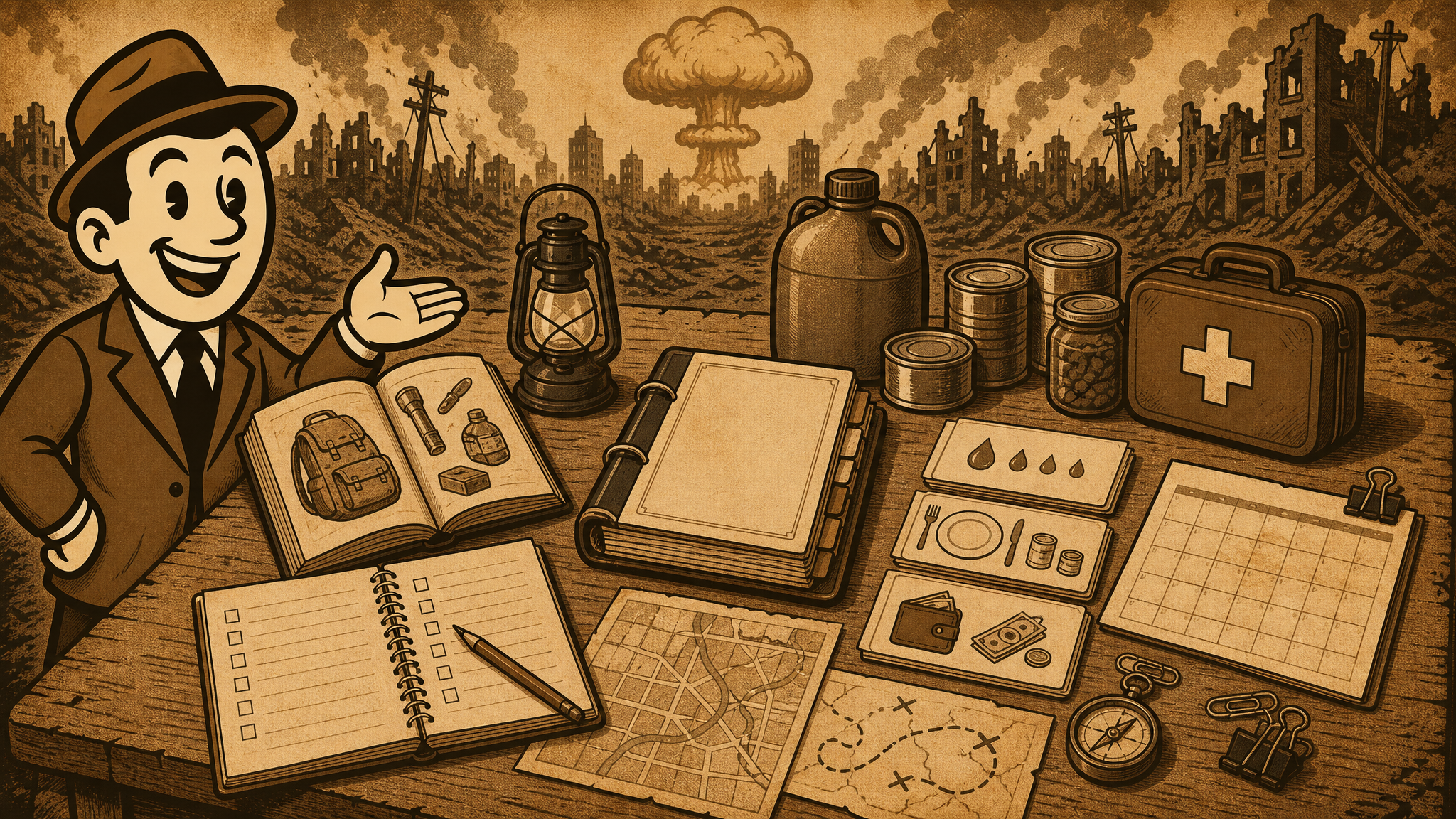 Vintage Defeat History fedora guide beside practical family preparedness guides, binders, water planning cards, and checklist tools.