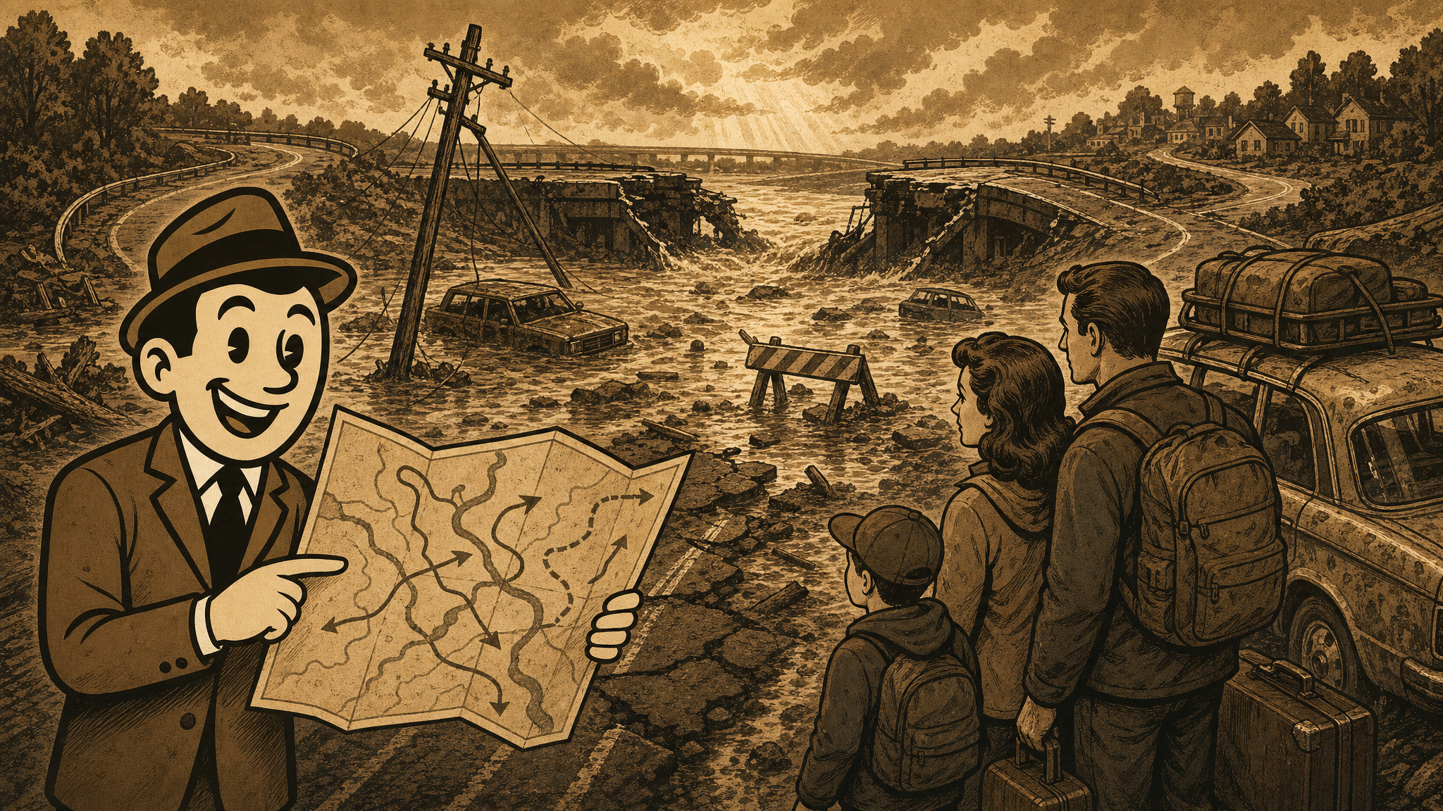 Vintage Defeat History fedora guide beside flooded roads, blocked cars, a damaged bridge, and alternate route planning supplies.
