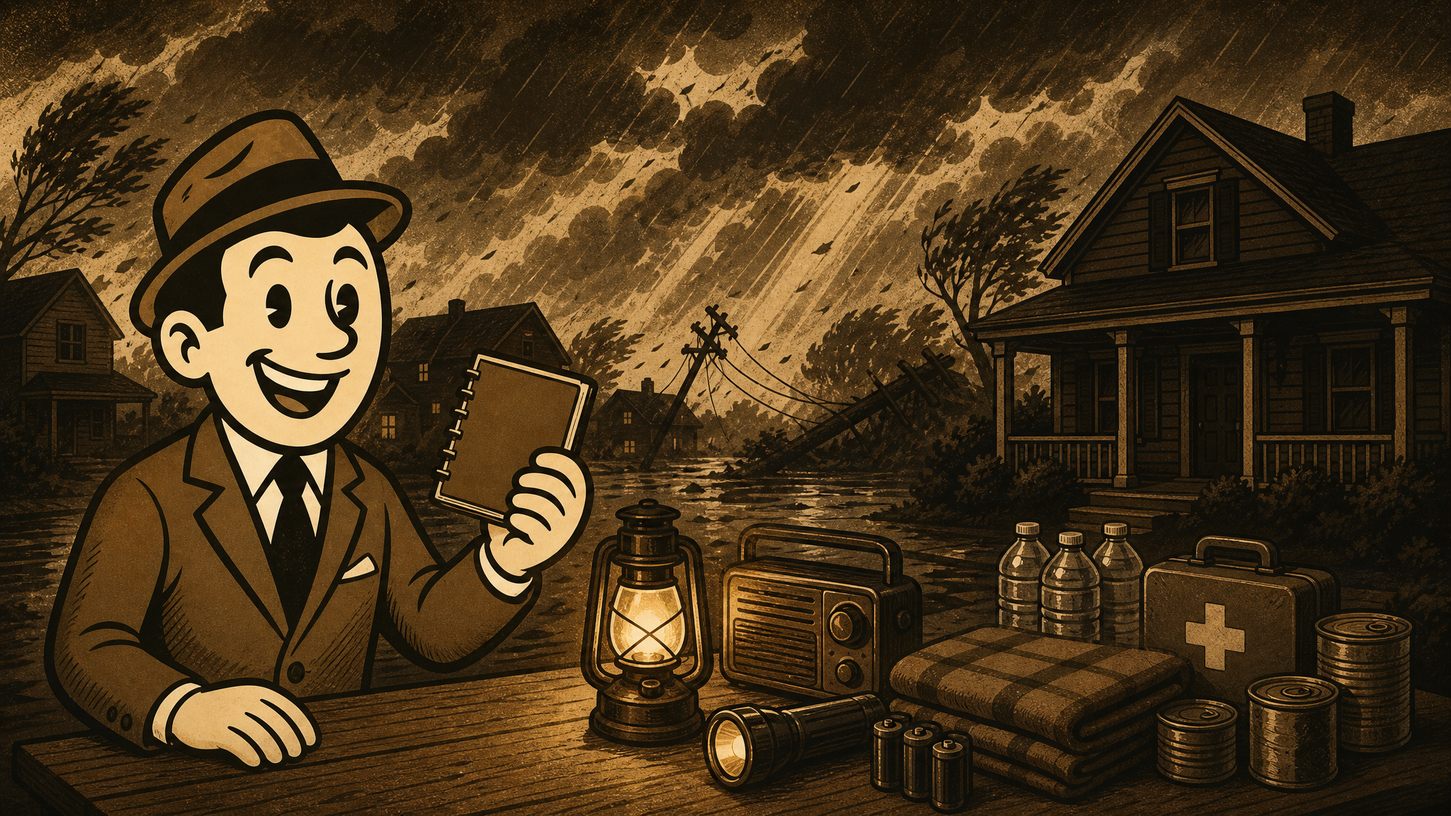 Vintage Defeat History fedora guide beside a storm-dark neighborhood, lantern, radio, and power outage supplies.