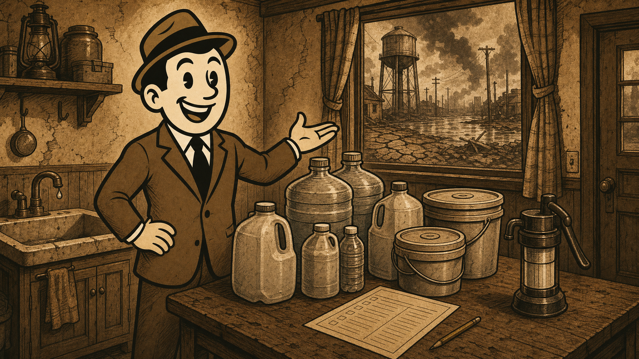 Vintage Defeat History fedora mascot beside stored water containers, a dripping faucet, and a family water checklist in a sepia field-guide scene.
