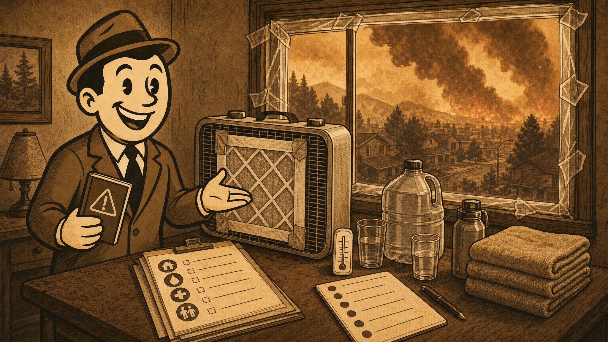 Vintage Defeat History fedora guide beside smoky skies, heat safety supplies, water, and an indoor clean-air setup.