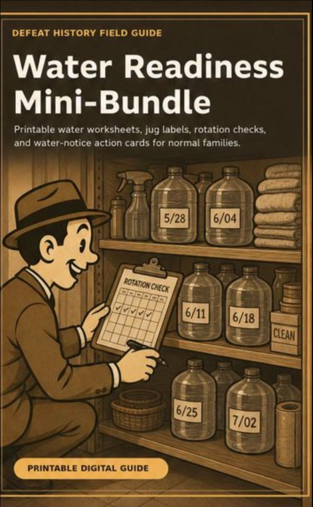 Water Readiness Mini-Bundle cover showing a field-guide style water storage rotation scene with labeled jugs and checklist.