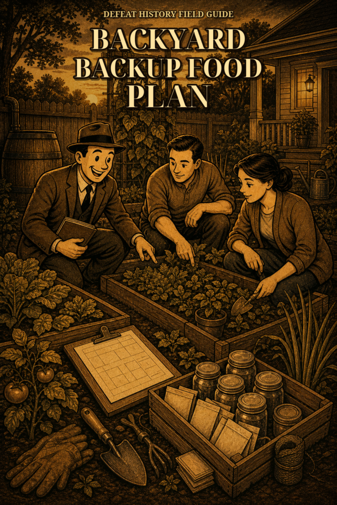 Backyard Backup Food Plan cover for a calm household food resilience guide.