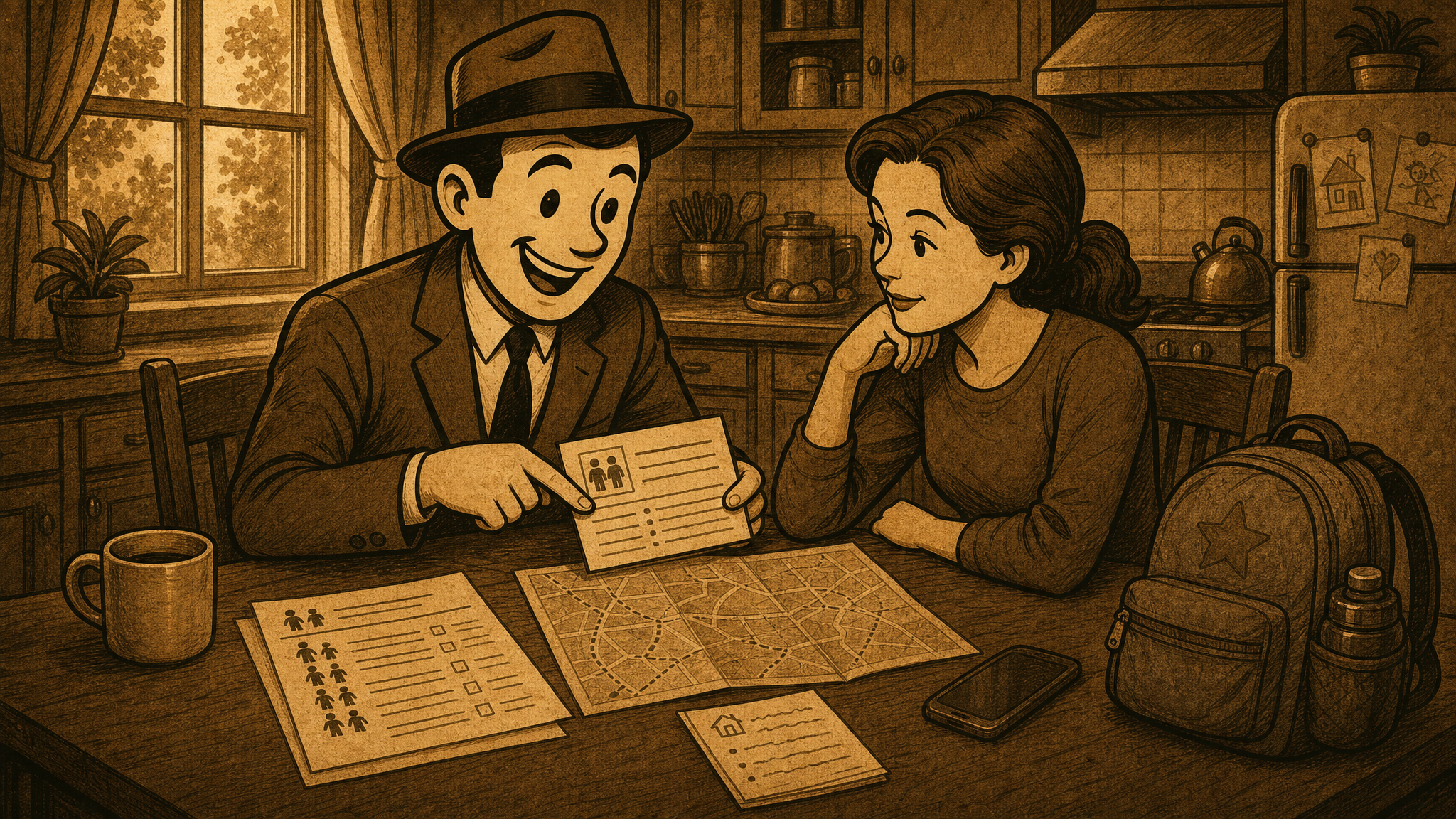Defeat History field-guide scene of a parent making a school reunification plan at a kitchen table with a child backpack, map, contact card, and the fedora guide character.
