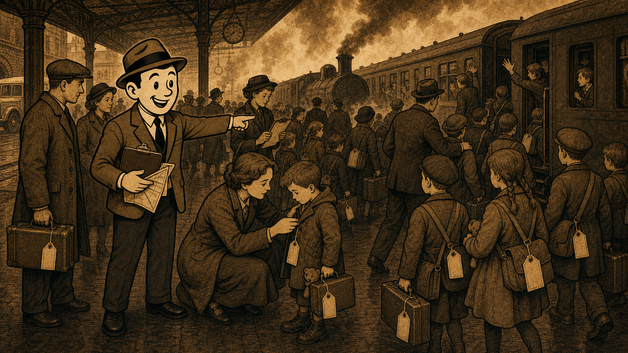 Defeat History field-guide scene of wartime child evacuation during a civil emergency, with the fedora field-guide character guiding parents, teachers, and children through an orderly departure.