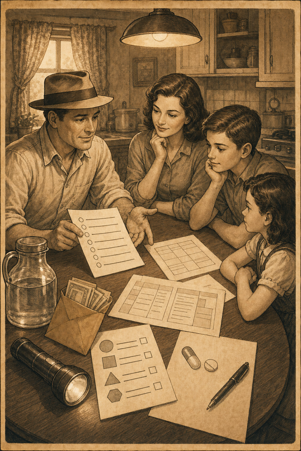Defeat History field-guide scene of a calm fedora-wearing guide helping a family prepare for cyber disruption at a kitchen table with lantern, water jug, paper contact list, flashlight, and cash envelope.