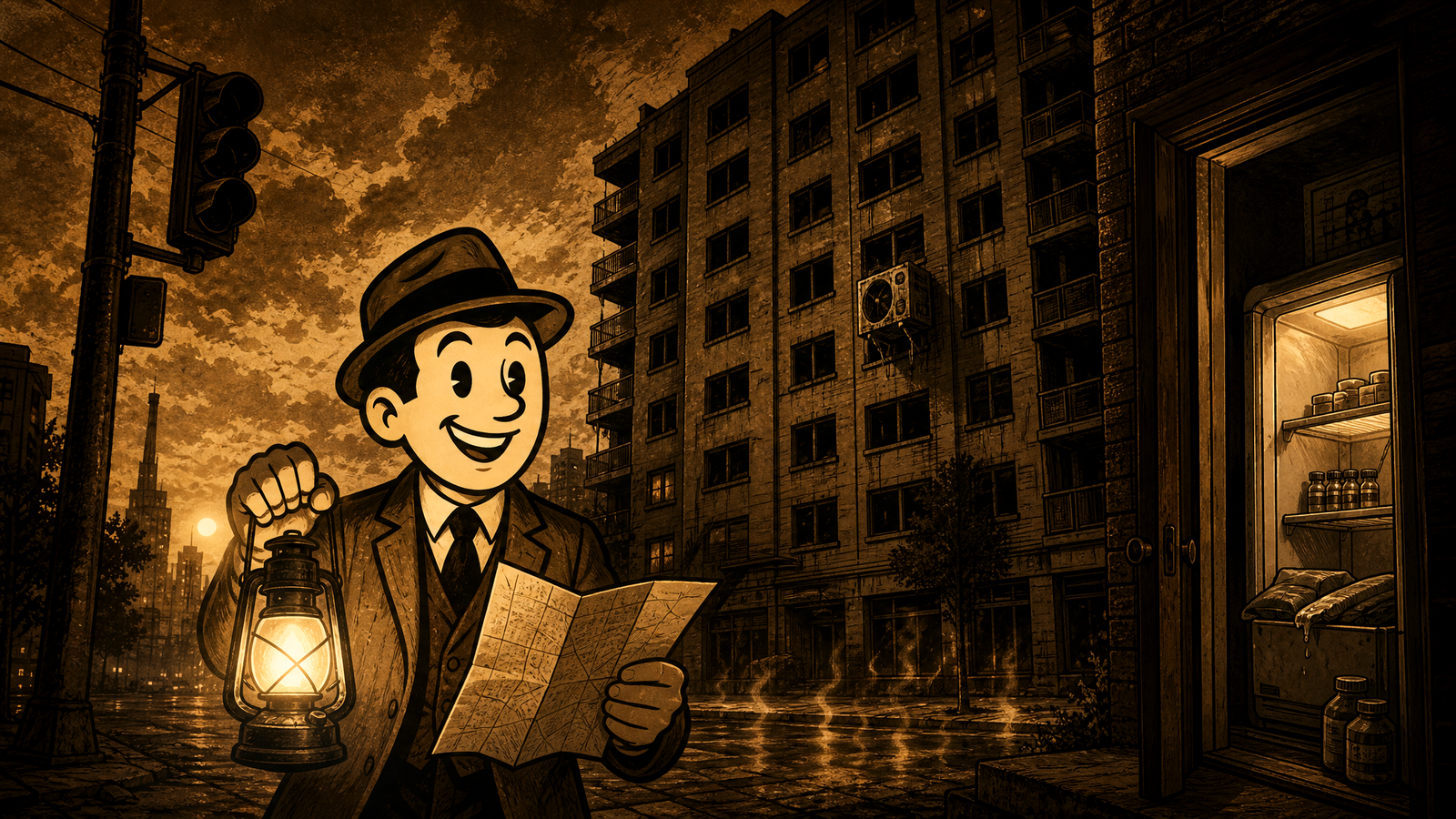 Defeat History field-guide scene of a family heatwave blackout with lantern, map, dark apartment windows, and the fedora guide character showing household warning signs.