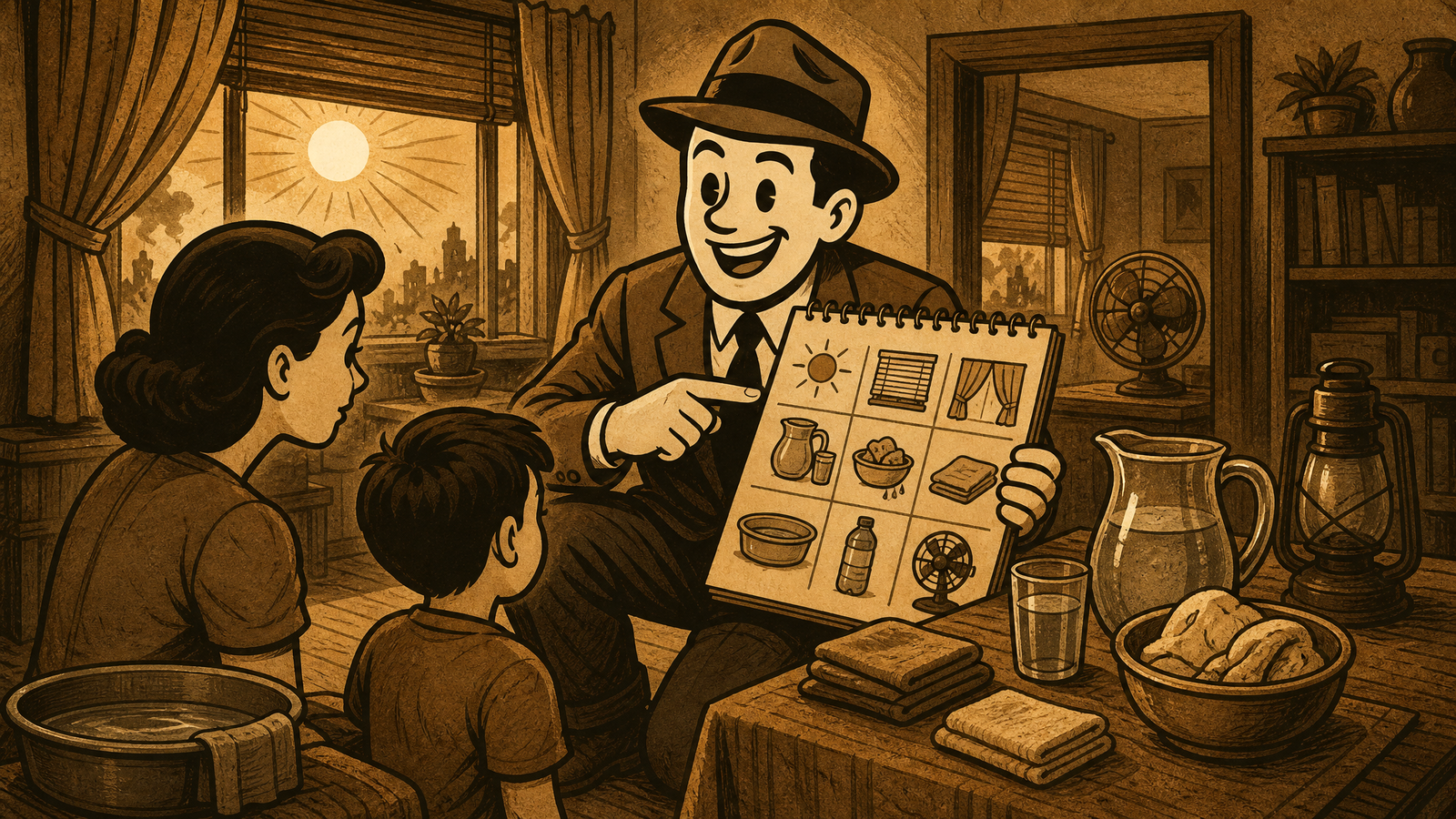 Defeat History field-guide scene of a family protecting children during extreme heat without air conditioning, using shade, water, cooling plans, and the fedora guide character.