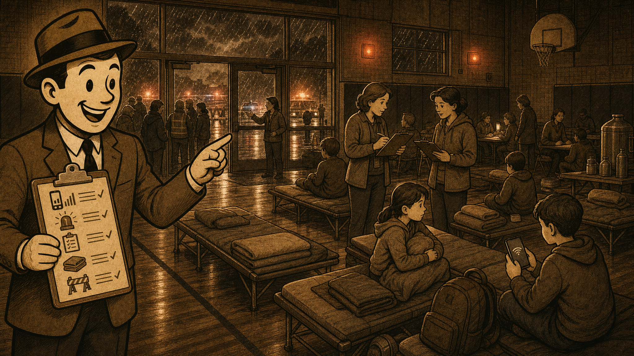 Defeat History field-guide scene of a modern school gym used as a temporary emergency shelter, with the fedora guide character pointing to family communication and reunification warning signs.