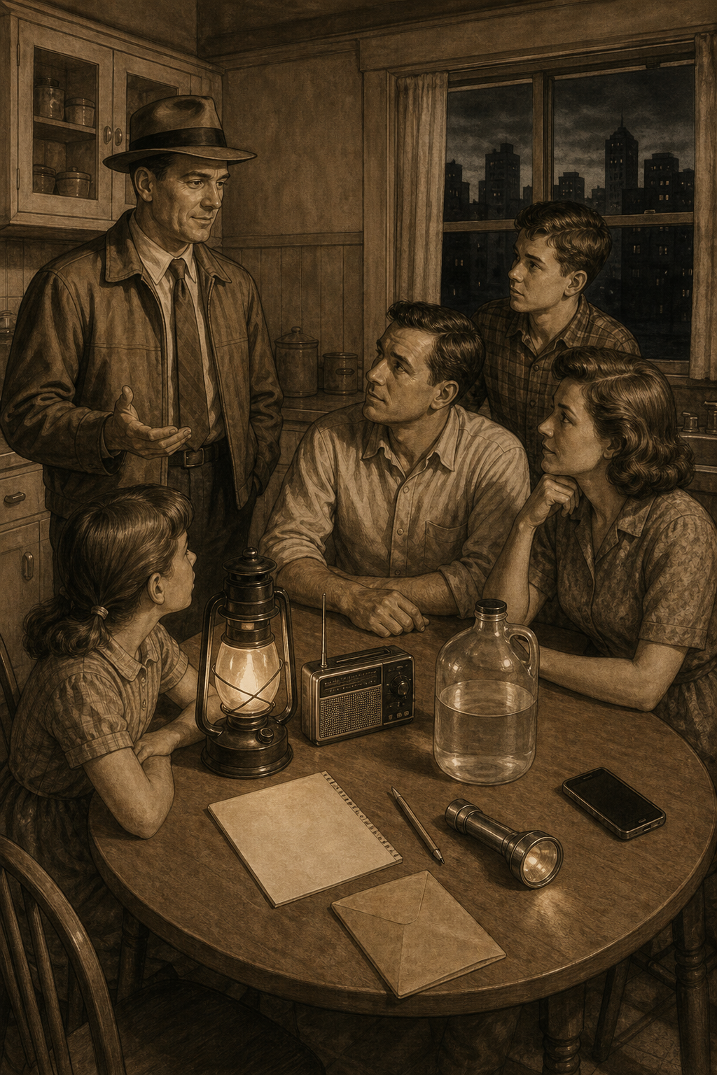 Defeat History field-guide scene of a calm fedora-wearing guide with a family during a household cyber disruption, with lantern, radio, water jug, blank phone, and paper contact plan.
