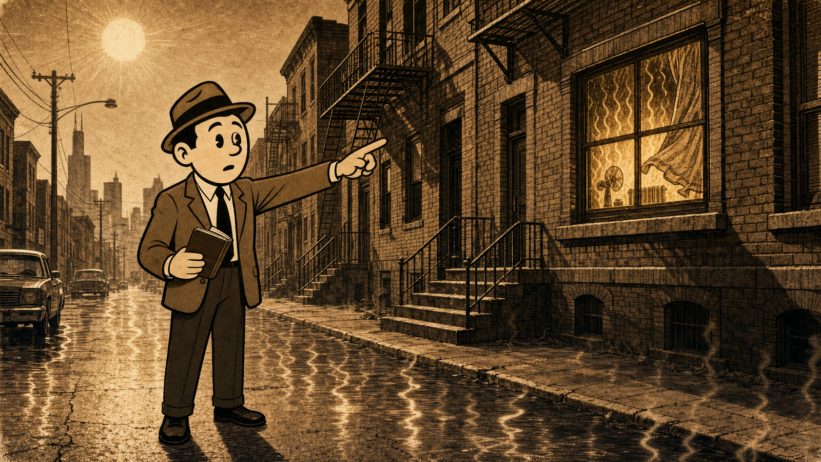 Defeat History field-guide scene of a Chicago apartment during a deadly heatwave, with the fedora field-guide character pointing to heat danger signs.