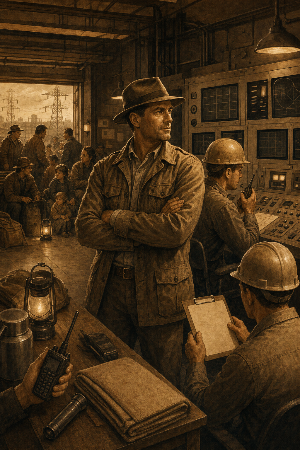 Defeat History field-guide scene of a calm fedora-wearing guide inside a utility control room during an infrastructure cyber disruption, with workers using paper checklists and radios.