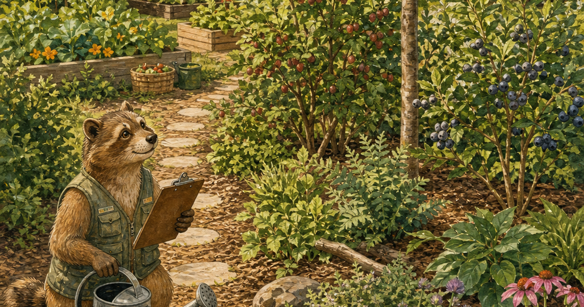 Illustrated household food forest starter area with a young tree, edible shrubs, perennial plants, access path, watering tools, and the Defeat History mascot reviewing a site notebook.