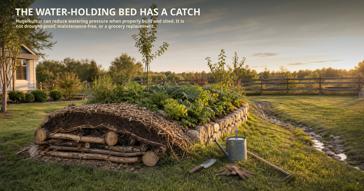 Wide backyard hugelkultur-style garden bed with visible buried wood layers, planted vegetables, drainage path, watering can, and normal household yard setting.