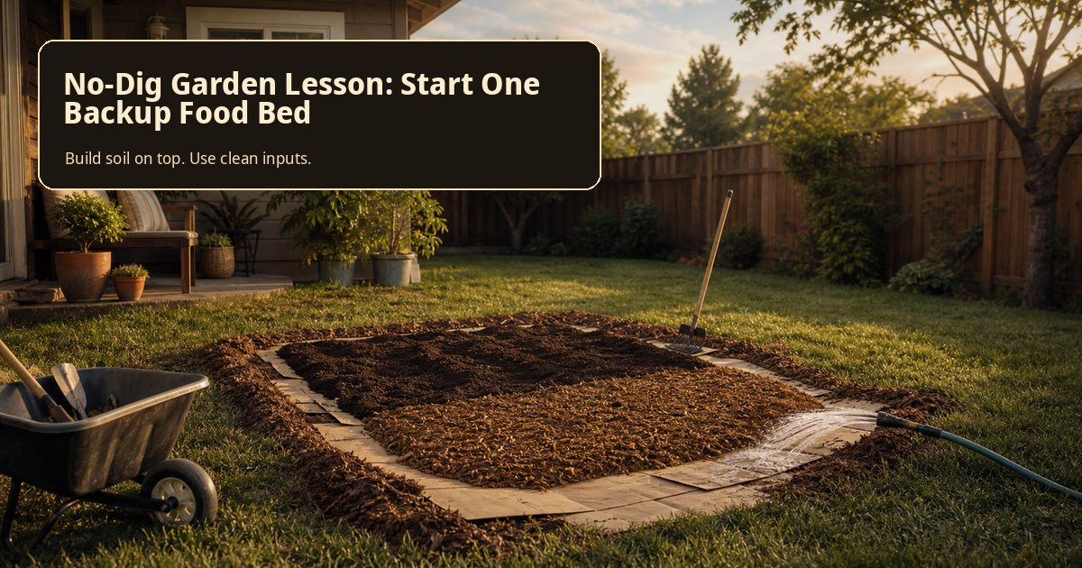 Wide backyard scene showing a small no-dig garden bed built on top of grass with clean cardboard, compost, mulch, water access, and normal household surroundings.