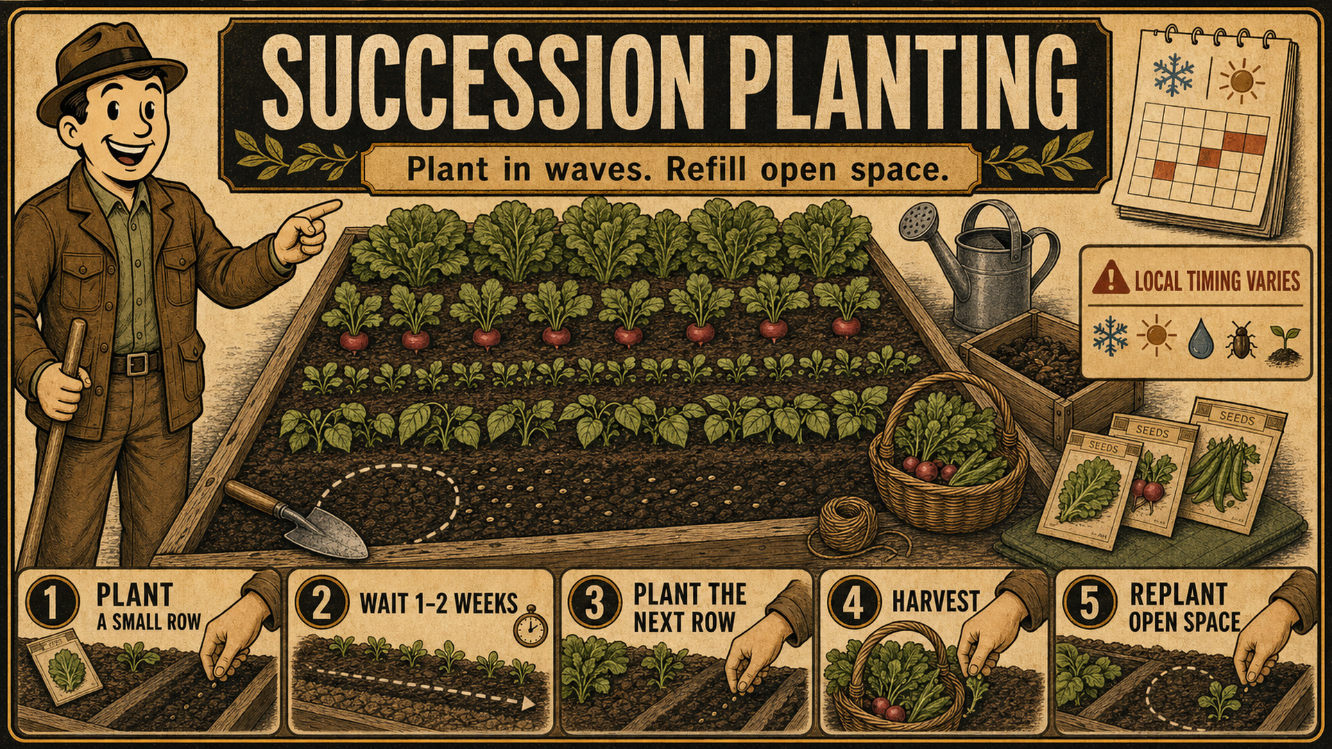Vintage illustrated family garden scene showing staggered planting rows, seed packets, and a season calendar for succession planting.